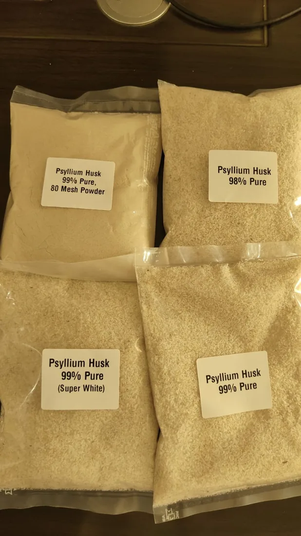 Psyllium husk and powder sample set from RM Psyllium, 98% and 99% purity, dispatched to Nutraceutical brand, Dubai, UAE