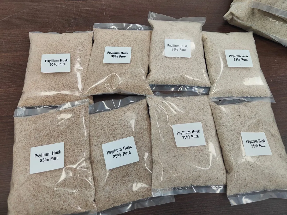 Psyllium husk sample bags from RM Psyllium, 85% to 98% purity, dispatched to D2C brand, Birgunj, Nepal