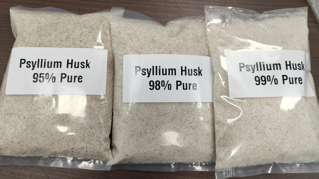 Psyllium husk sample bags from RM Psyllium, 95% to 99% purity, dispatched to D2C brand, Cuttack, India