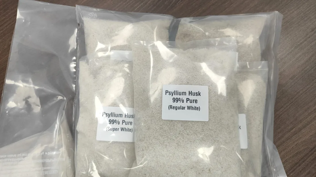 Super white and regular white psyllium husk sample bags from RM Psyllium, 99% purity, dispatched to D2C brand, Kolkata, India