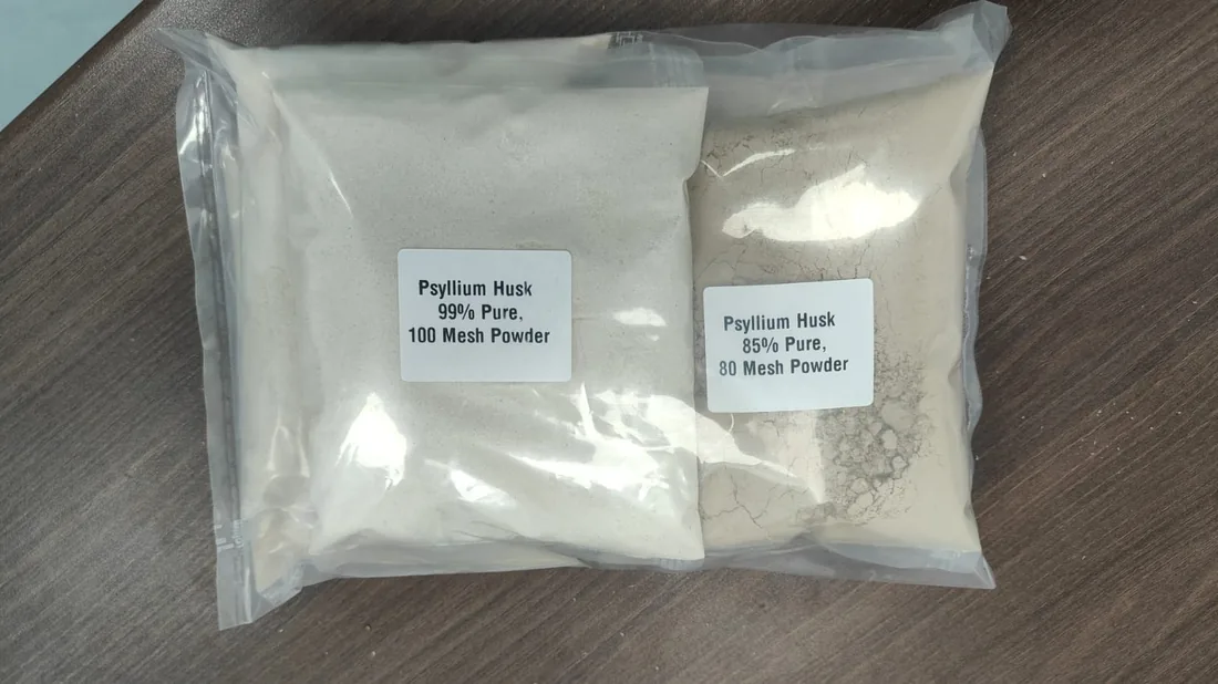 Psyllium husk powder samples from RM Psyllium, 85% and 99% purity, dispatched to D2C brand, Bangalore, India