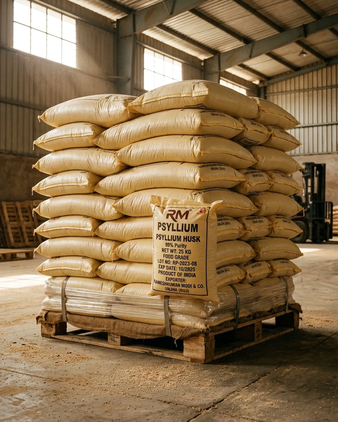 Psyllium export bags stacked inside a Gujarat processing facility warehouse
